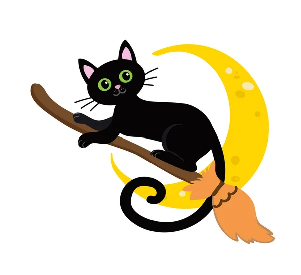 Cute black cat flying on a broom. Halloween — Stock Vector