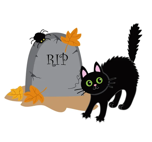 Funny černá kočka a náhrobní kámen. Halloween. — Stockový vektor