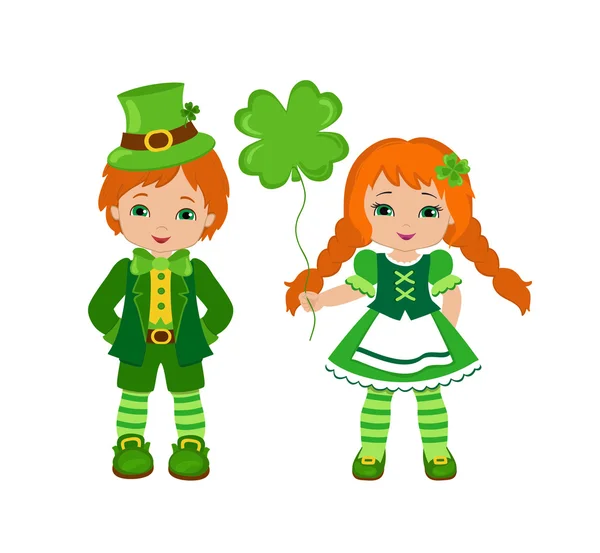 Menino e menina em trajes irlandeses. Dia de São Patrício. Ilustração vetorial — Vetor de Stock