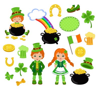 Boy and girl in Irish costumes. St. Patrick's Day. Vector illustration.Collection illustrations of Saint Patrick's Day symbols. clipart