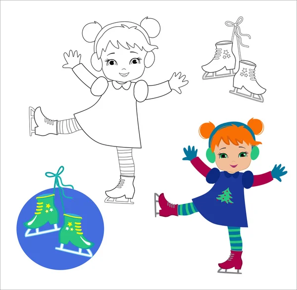 Funny girl in winter clothes on skates isolated on a white background. Coloring pages.Great illustration for school books, magazines, advertising and more. VECTOR. — Stock Vector