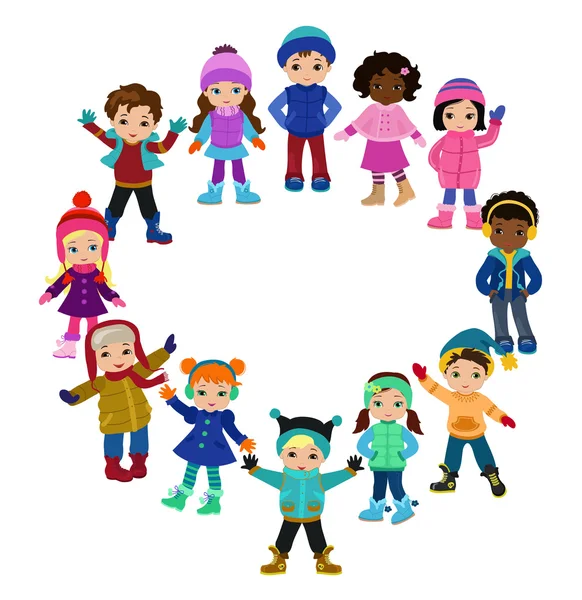 Conjunto de personajes divertidos niños en invierno . — Vector de stock