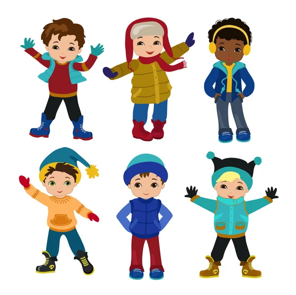 Conjunto de personajes chicos divertidos en invierno . — Vector de stock