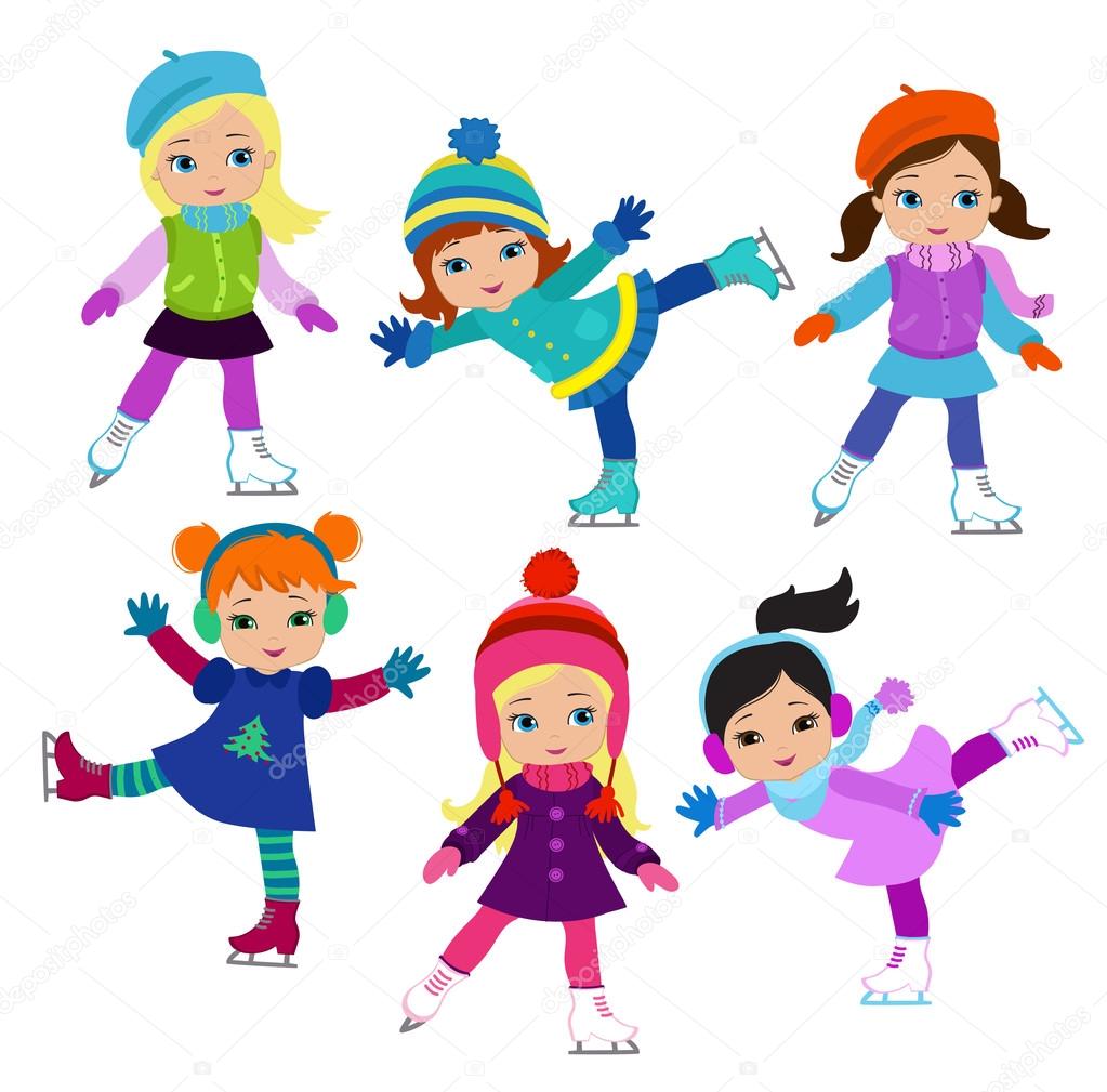 Funny girls in winter clothes ice skating isolated on white background .