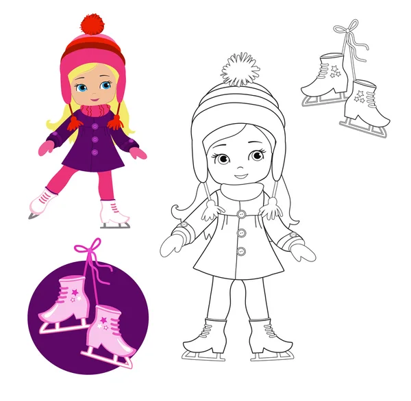 Menina engraçada em roupas de inverno em patins isolados em um fundo branco. Páginas para colorir.Grande ilustração para livros escolares, revistas, publicidade e muito mais. VECTOR . — Vetor de Stock