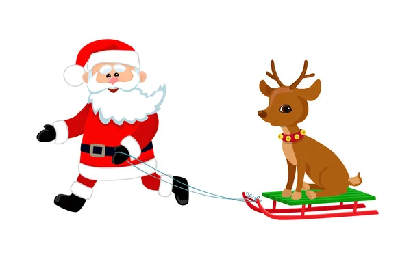 Buon Babbo Natale con una slitta Rudolf. Illustrazione cartone animato . — Vettoriale Stock