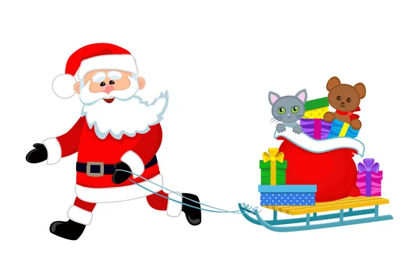 Iilustration für Weihnachten und Neujahr. Der Weihnachtsmann im Schlitten trägt eine Tasche mit Geschenken — Stockvektor