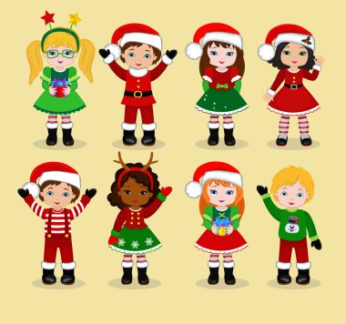 Çocuklar Noel kostüm. Vektör karikatür çizim.
