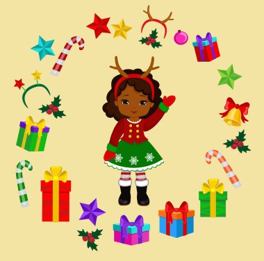 Girl with Christmas Costume and rouhd frame. Vector cartoon illustration.
