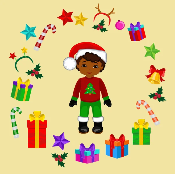 Boy with Christmas Costume and round frame. Vector cartoon illustration. — 图库矢量图片