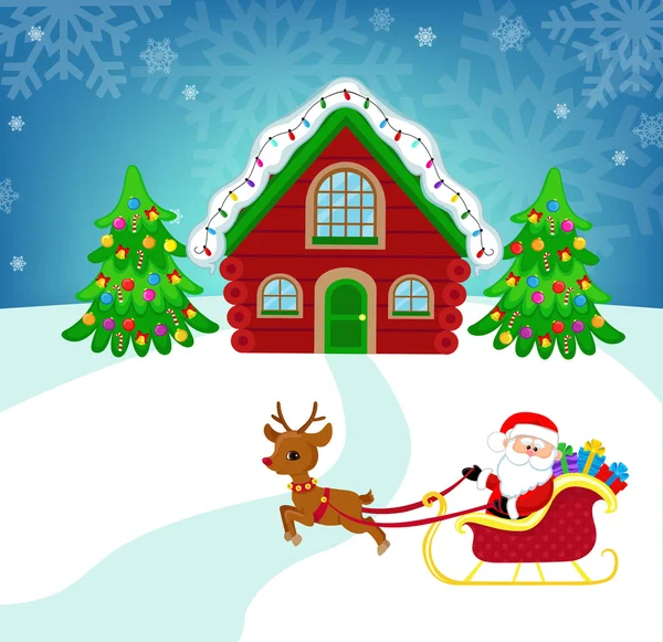 Gyönyörű téli táj Mikulás-ház. Santa Claus a szán. Vektoros illusztráció. — Stock Vector