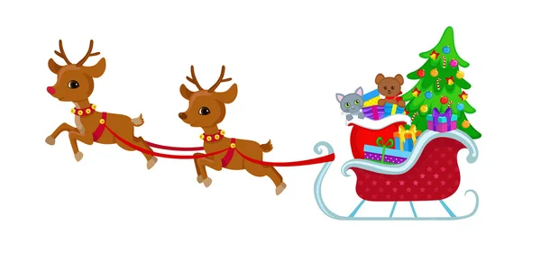 Traîneau entraîné par des rennes. Traîneau du Père Noël, prêt pour le départ . — Image vectorielle