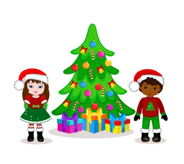 Menino e uma menina comemorando o Natal.Ilustração vetorial . — Vetor de Stock