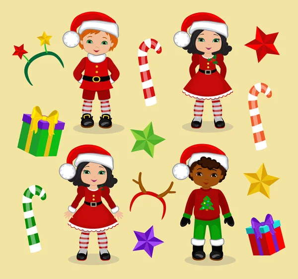 Kids With Christmas Costume. Vector cartoon illustration. — 图库矢量图片