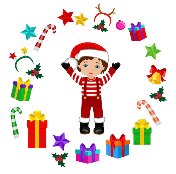 Boy with Christmas Costume and round frame. Vector cartoon illustration. — 图库矢量图片