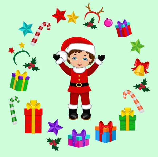 Boy with Christmas Costume and round frame. Vector cartoon illustration. — 图库矢量图片