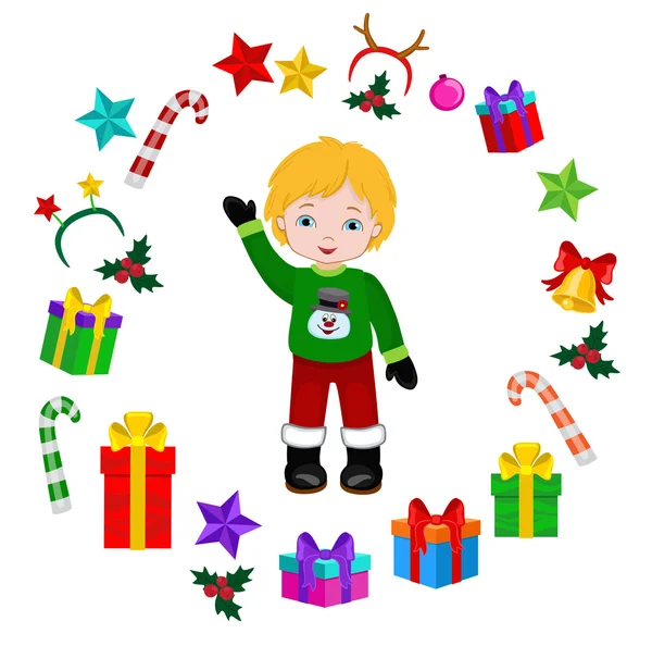 Niño con traje de Navidad y marco redondo. Dibujos animados vectoriales ilustración . — Vector de stock