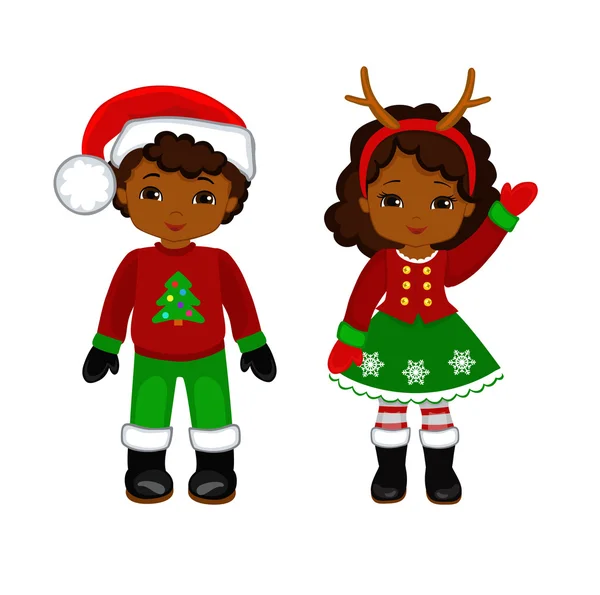 Menino e menina com traje de Natal. Ilustração dos desenhos animados vetoriais . —  Vetores de Stock