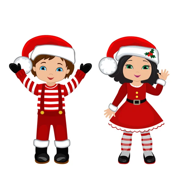 Menino e menina com traje de Natal. Ilustração dos desenhos animados vetoriais . — Vetor de Stock