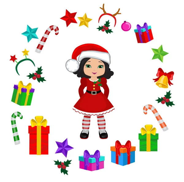 Mädchen mit Weihnachtskostüm und Rouladen-Rahmen. Vektor Cartoon Illustration. Stockvektor