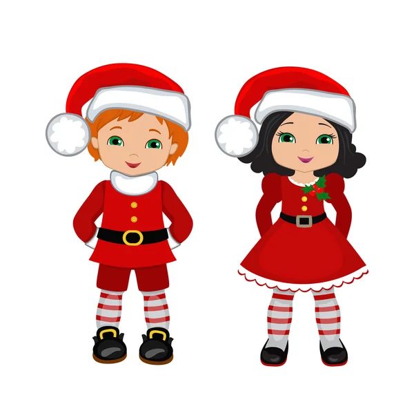 Chico y chica con disfraz de Navidad. Dibujos animados vectoriales ilustración . Ilustración de stock