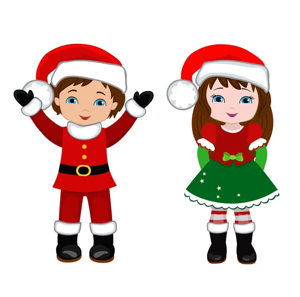 Chico y chica con disfraz de Navidad. Dibujos animados vectoriales ilustración . Gráficos vectoriales