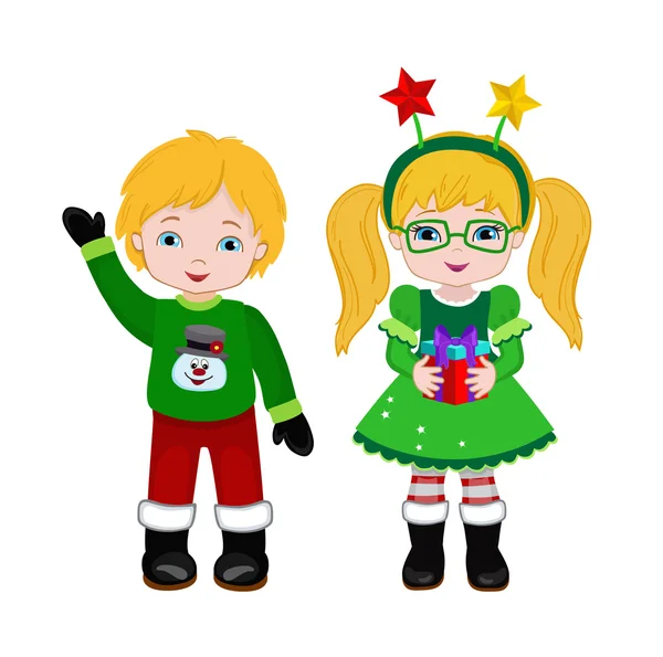 Boy and Girl with Christmas Costume. Vector cartoon illustration. Vektorgrafik