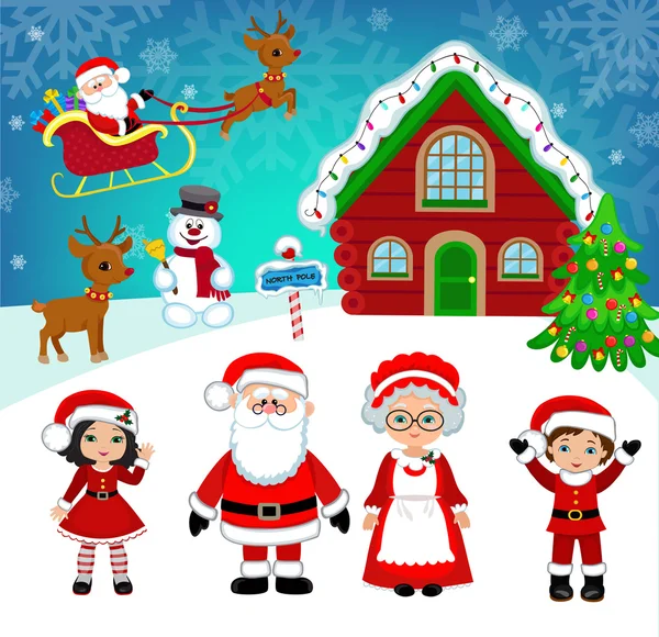 Hermoso paisaje de invierno de la casa de Santa. Santa Claus y amigos.Vector Ilustración . — Vector de stock