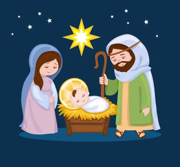 Σκηνή nativity κινουμένων σχεδίων με την Αγία οικογένεια — Διανυσματικό Αρχείο