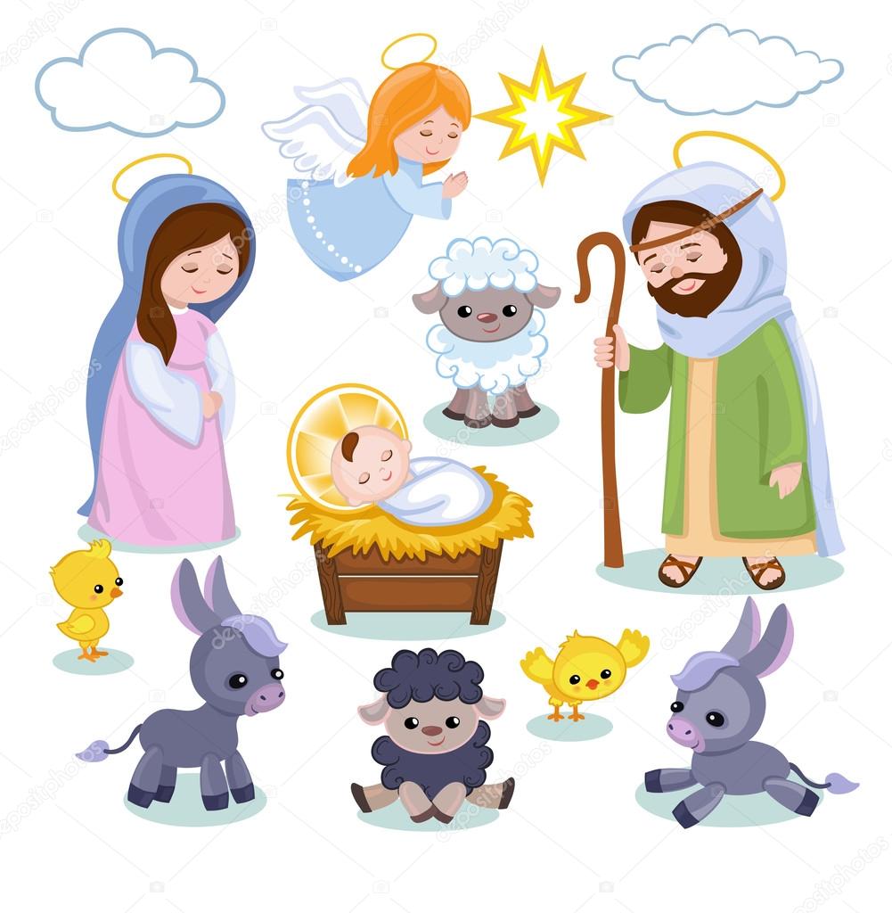 Set of Christmas scene elements. Cartoon nativity  holy family.