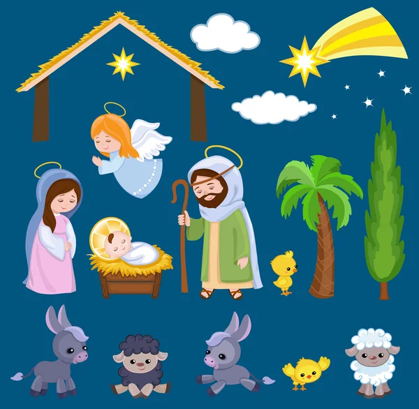 Conjunto de elementos de cena de Natal. Natividade dos desenhos animados família santa . — Vetor de Stock