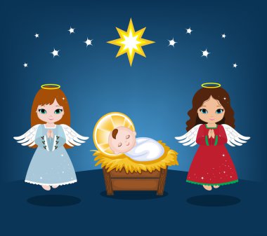 İsa ve Noel meleklerin bebeğim. Vektör çizim.
