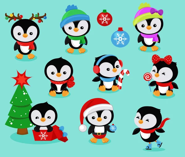 かわいいクリスマスのペンギンの子供たちのコレクション。ベクトル図. — ストックベクタ