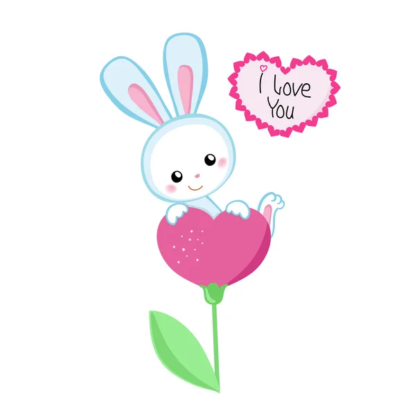 Tarjeta de felicitación.Lindo conejo de dibujos animados sentado en un corazón de flor sobre un fondo blanco . — Vector de stock