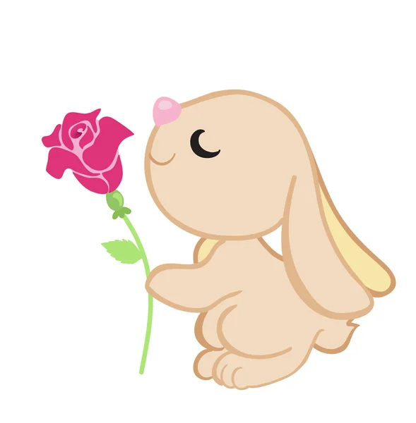 Tarjeta de felicitación. Lindo conejo de dibujos animados da una rosa. Ilustración sobre fondo blanco . — Vector de stock