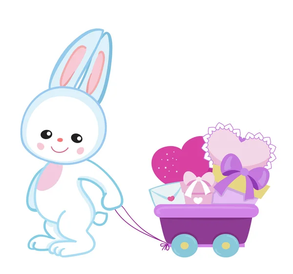 Carte de voeux. Lapin dessin animé mignon avec camion avec des cadeaux . — Image vectorielle