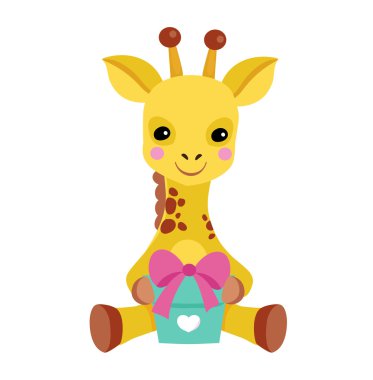 Tebrik kartı. Beyaz bir arka plan üzerinde zarf ile sevimli zürafa.