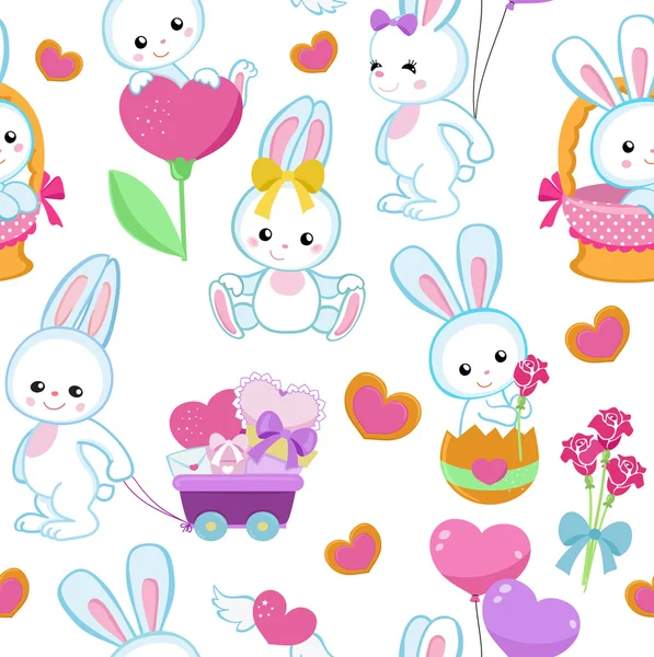Mignon motif vectoriel sans couture avec des lapins et des cœurs — Image vectorielle