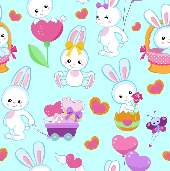 Mignon motif vectoriel sans couture avec des lapins et des cœurs — Image vectorielle