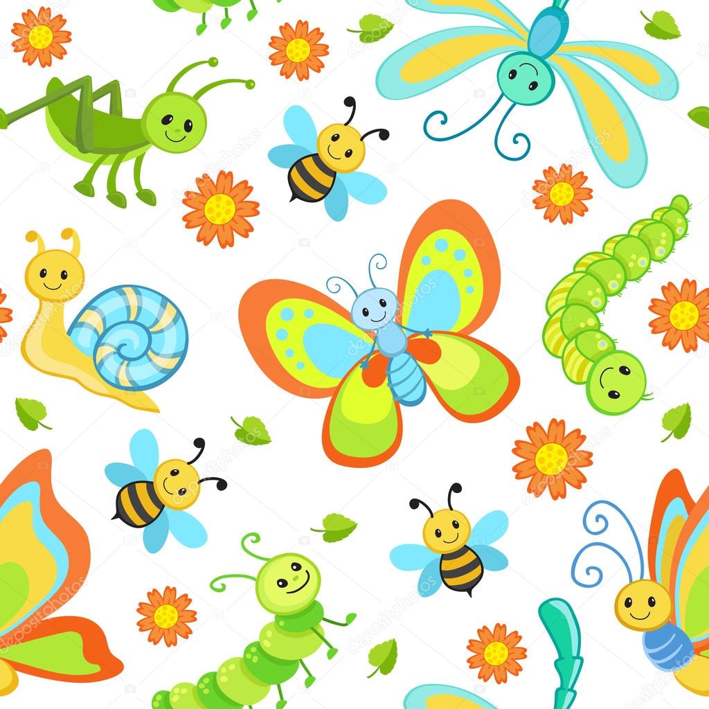 Cute seamless patterns with cartoon  insects.