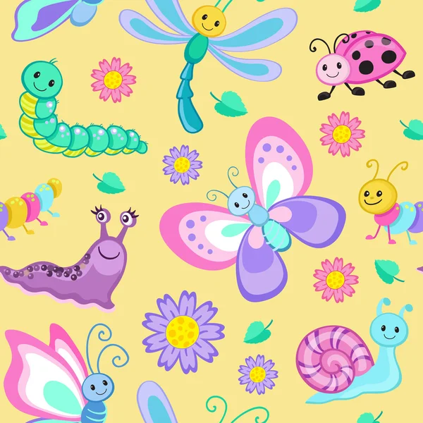 Cute seamless patterns with cartoon  insects. — Stock Vector