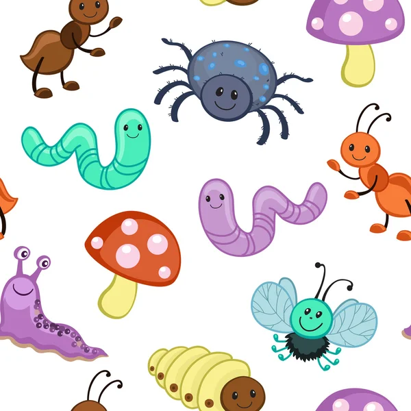 Lindos patrones sin costura con dibujos animados insectos felices . — Vector de stock