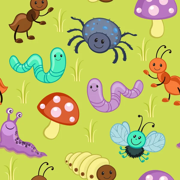 Lindos patrones sin costura con dibujos animados insectos felices . — Vector de stock