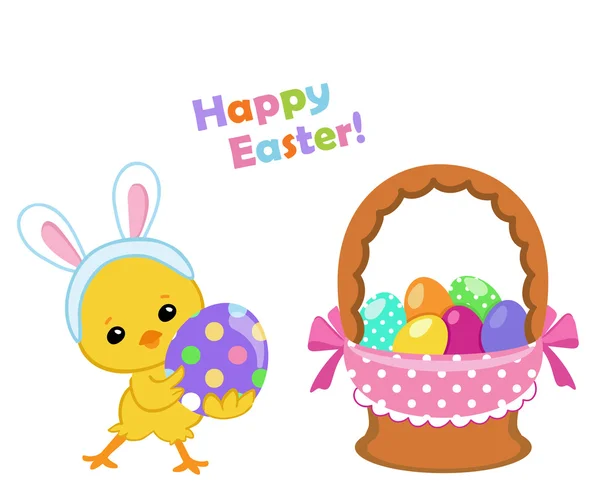 Veselé velikonoce. Roztomilý kuřecí velikonoční drží vejce. Vektorové ilustrace. Sada izolované odděleně na bílém pozadí. — Stockový vektor