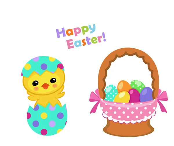Feliz Pascua. Lindo pollo de Pascua sentado en huevo con una cesta . — Archivo Imágenes Vectoriales