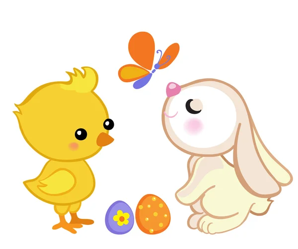 Happy Easter. Cute Easter bunny and a cute chick. — Stock Vector