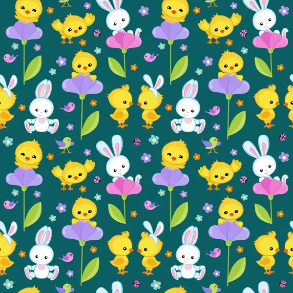 Bezešvé vzor jaro s roztomilý králíček a kuřecí. — Stockový vektor