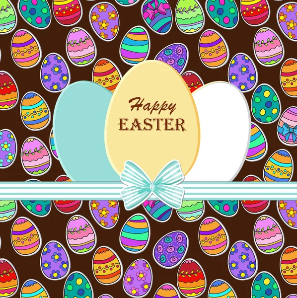 Bonne carte de vœux de Pâques. Œufs en papier avec arc réaliste. Fond de Pâques. Autocollant oeuf . — Image vectorielle