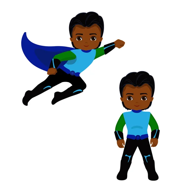 Cute Boy superhéroe en vuelo y en posición de pie.Ilustración aislada sobre fondo blanco — Vector de stock