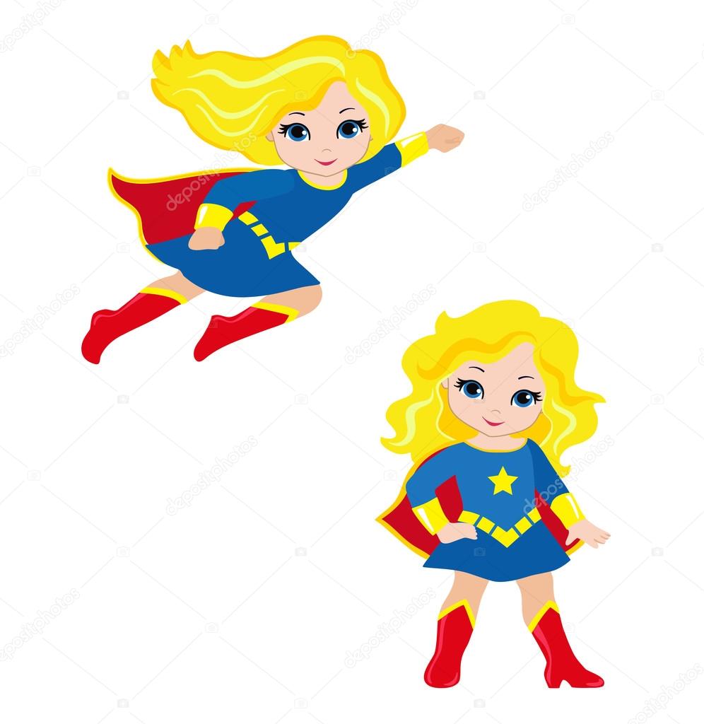 Cute Girl superhero in flight and in standing position. Illustration isolated on white background.